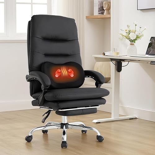 Silla de oficina ejecutiva de masaje amasado con calefacción, silla reclinable de 90-135° con reposapiés, sillas de escritorio ergonómicas (negro