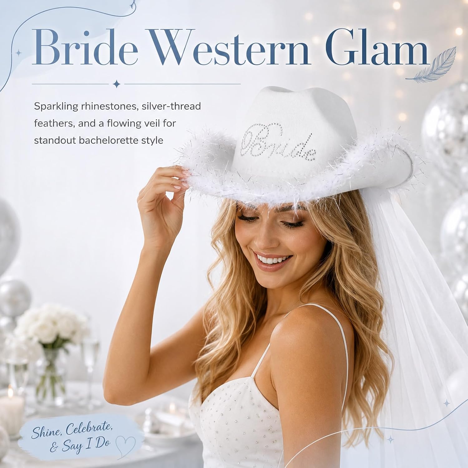 Bride Cowgirl Hat with Veil, White Cowgirl Hat Rhinestone Bride Lettering Feather Trim for Wedding Bachelorette Party