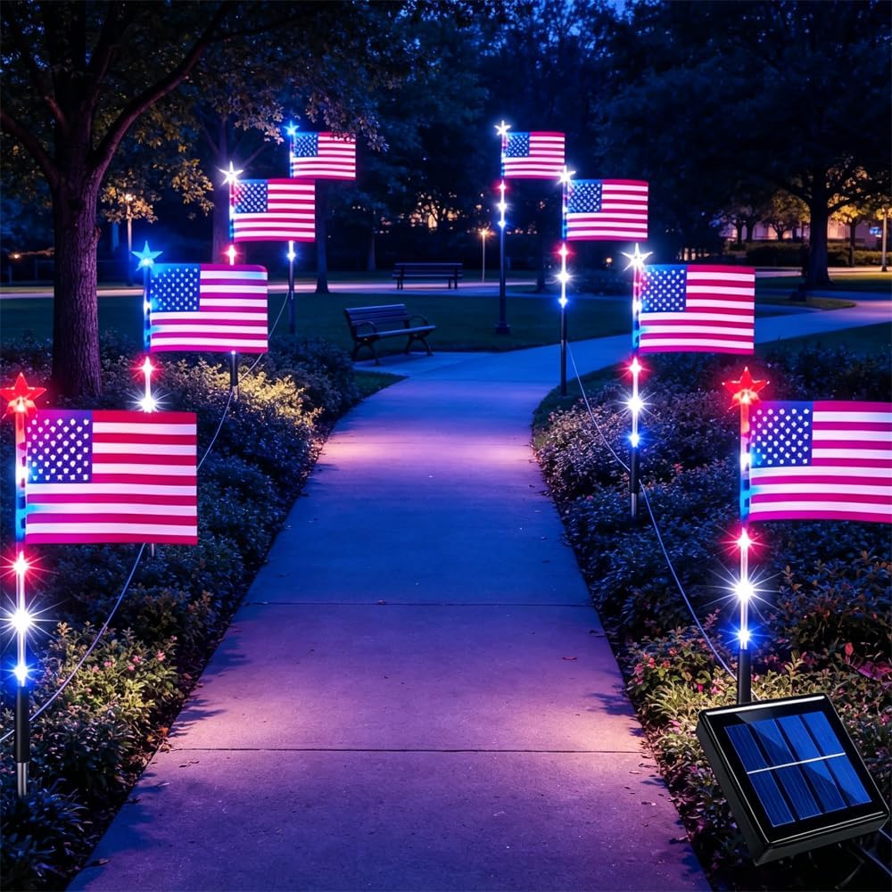 Solar American Flag Lights Outdoor, 8 Piece Flag Light Set Pathway Lights, Patriotic Red White Blue Solar Lights with 8 Modes, Waterproof Yard Garden Decorations for 4th of July, 250th Anniversary
