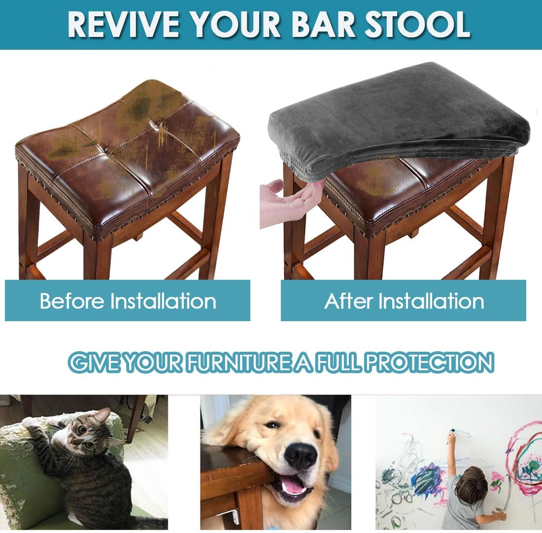Stool Covers Rectangular Velvet Set of 4 Vanity Stool Covers Stretch Washable Saddle Bar Stool Slipcover Bench Seat Protector with Elastic Bands Counter Bar Stools Chairs Covers Dark Gray