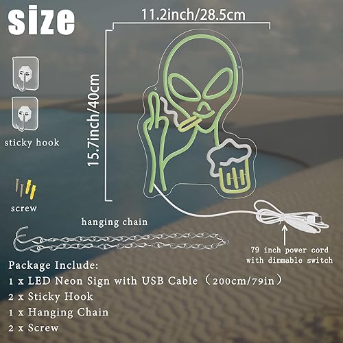 Miniatura 6 de Letrero de neón verde de alienígena, barra de cerveza para decoración de pared, luces LED regulables para dormitorio, cueva de hombre, sala de