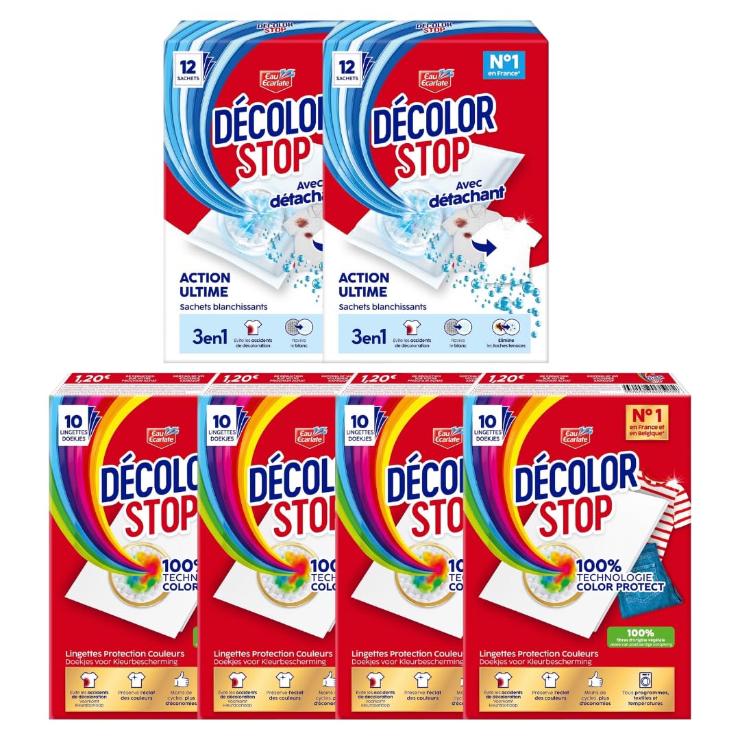 Décolor Stop - Lot 64 sachets 3-en-1 : 40 couleurs + 24 blancs, pack 4x couleur + 2x blanc, détachants pour linge