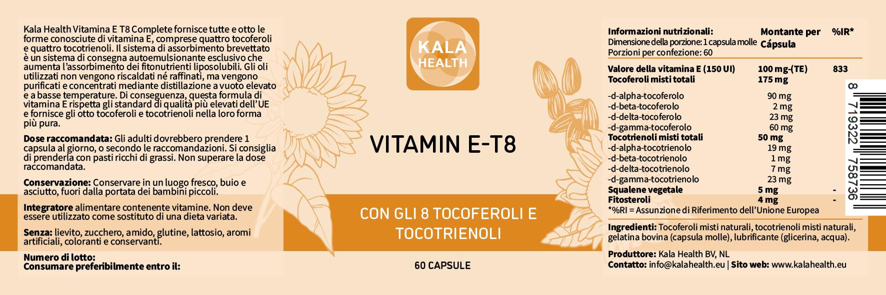 Kala Health 8 Tocoferoli e Tocotrienoli Vitamina E Formula Unica – Non contiene IPA, Metalli Pesanti, Contaminanti o Conservanti - Certificato Sostenibile