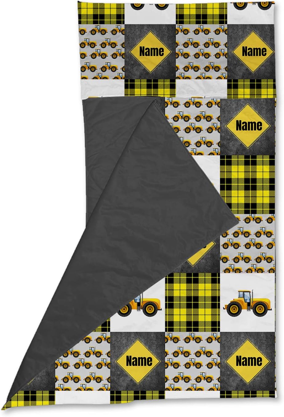 Personalized Tractors Yellow Nap Mat Set with Name, Sleeping Bags for Boys, Customized Trucks Toddler Bed Mattress for Kids, Slumber Bags for Preschool, Daycare or Kindergarten, Toddler Sleep Sack