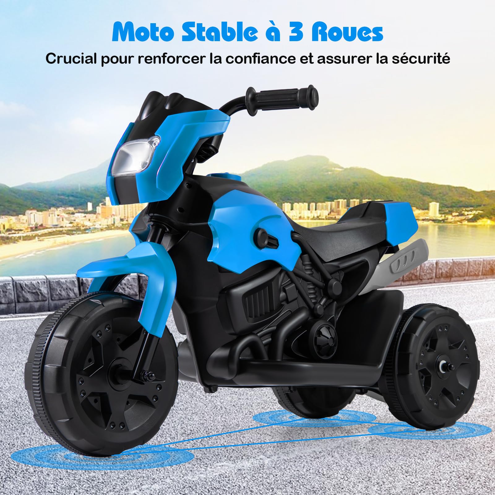 DREAMADE 6V Moto Électrique Enfants 3+ Ans, 69,5 x 32 x 47,5 CM, Charge Max.20 KG, Jouet Électrique à Batterie avec Phare LED et Pédale au Pied, Moto à 3 Roues pour Tout-Petits (Bleu)
