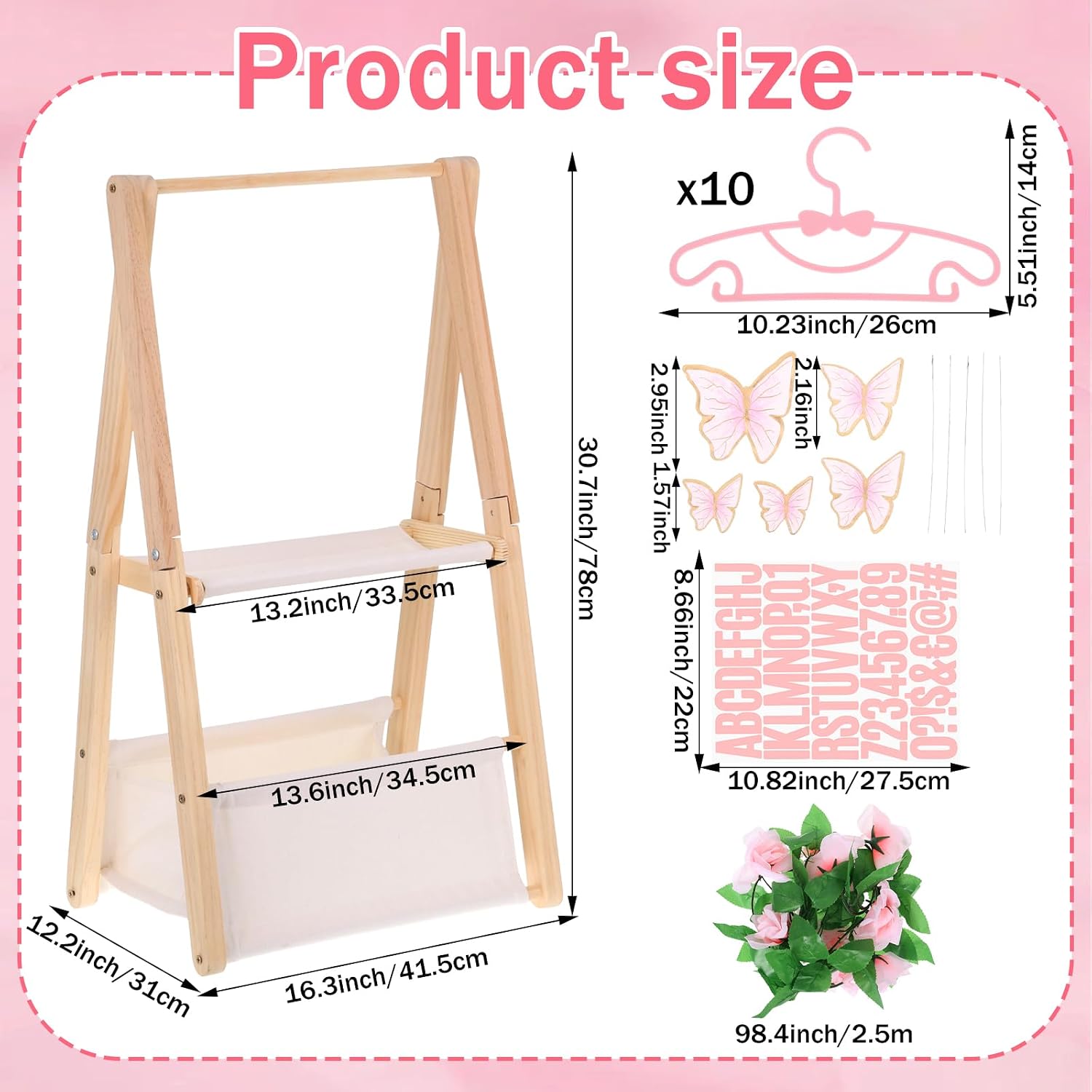 Double Layered Wooden Baby Shower Crate Closet Baby Storage Crate Hamper with Letters Garland and 10 Clothes Hangers Foldable Nursery Storage Crate for Girl Boy Pregnancy Gift