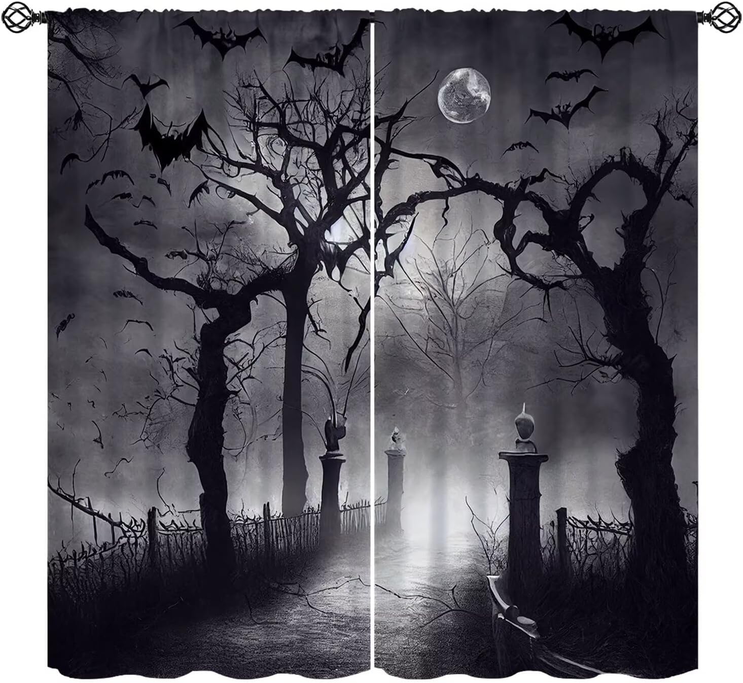 Misty Forest Curtains,Black White Tree Heavy Foggy Abstract Gothic Dark Nature Landscape Blackout Rod Pocket Window Treatment for Living Room Bedroom Haunted House Drapes 84" W X 84" L
