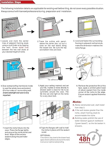 Miniatura 7 de Neodrain Nicho de ducha sin azulejos, nicho de pared de acero inoxidable 13.1 x 25.1 pulgadas (tamaño interior 12 x 24 pulgadas), estante de baño de