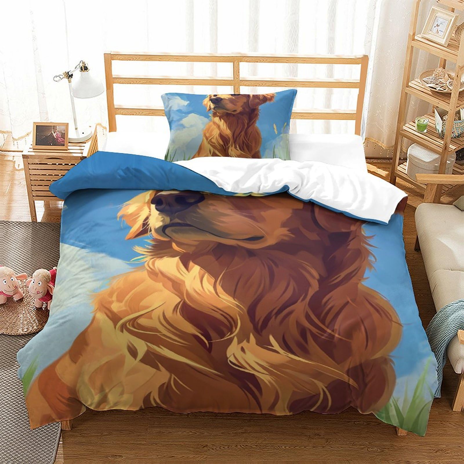 Housse de couette Golden Retriever 3D en microfibre 135x200cm avec ses 2 taies d'oreiller