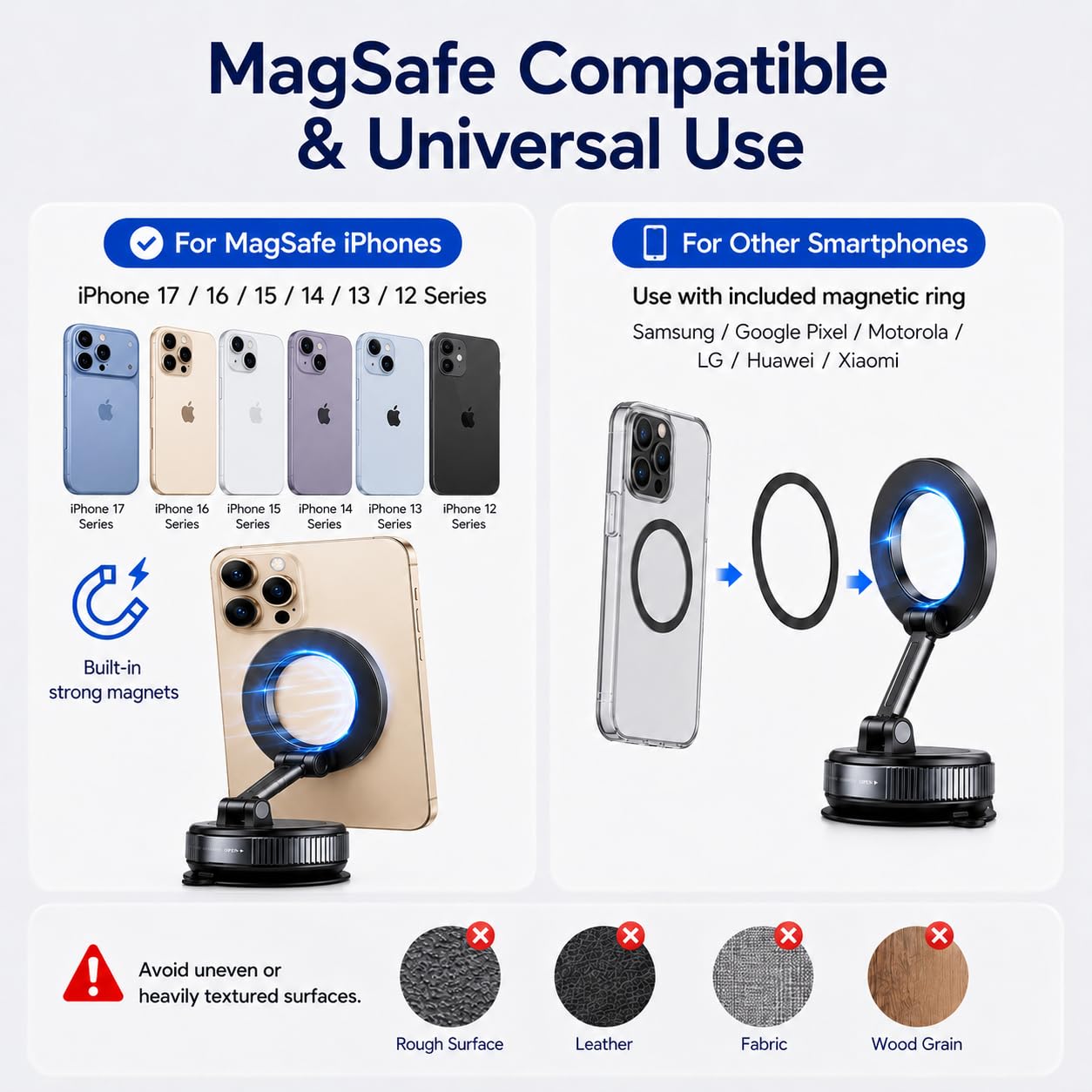 Soporte magnético para teléfono de coche, ventosa al vacío y almohadilla adhesiva, soporte 2 en 1, 24 imanes N52, rotación de 360°, soporte universal compatible con MagSafe para salpicadero