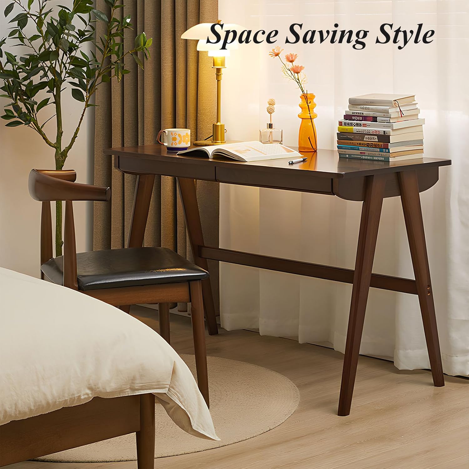 Computer Desk with Drawers, Solid Wood Writing Desk, Mid Century Modern Home Office Desks, Oak Study Table, Small Desk for Bedroom, 29.1 H x 39.4 W x 21.7 D Inches, Walnut