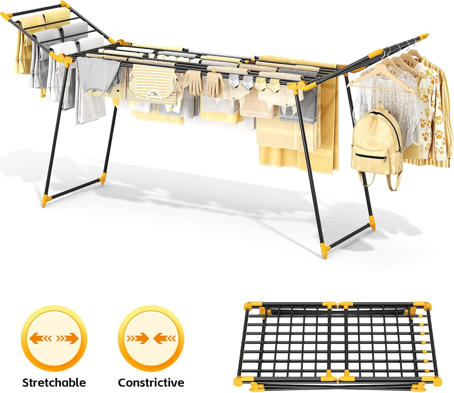 KINGRACK Clothes Airer with 2 Folding Wings, Extendable Stand Dryer Made of Tubular Steel, Variable Width 177.8-254 cm, Foldable Wing Clothes Dryer for Balcony & Indoor Use, Space Saving (Yellow, L)