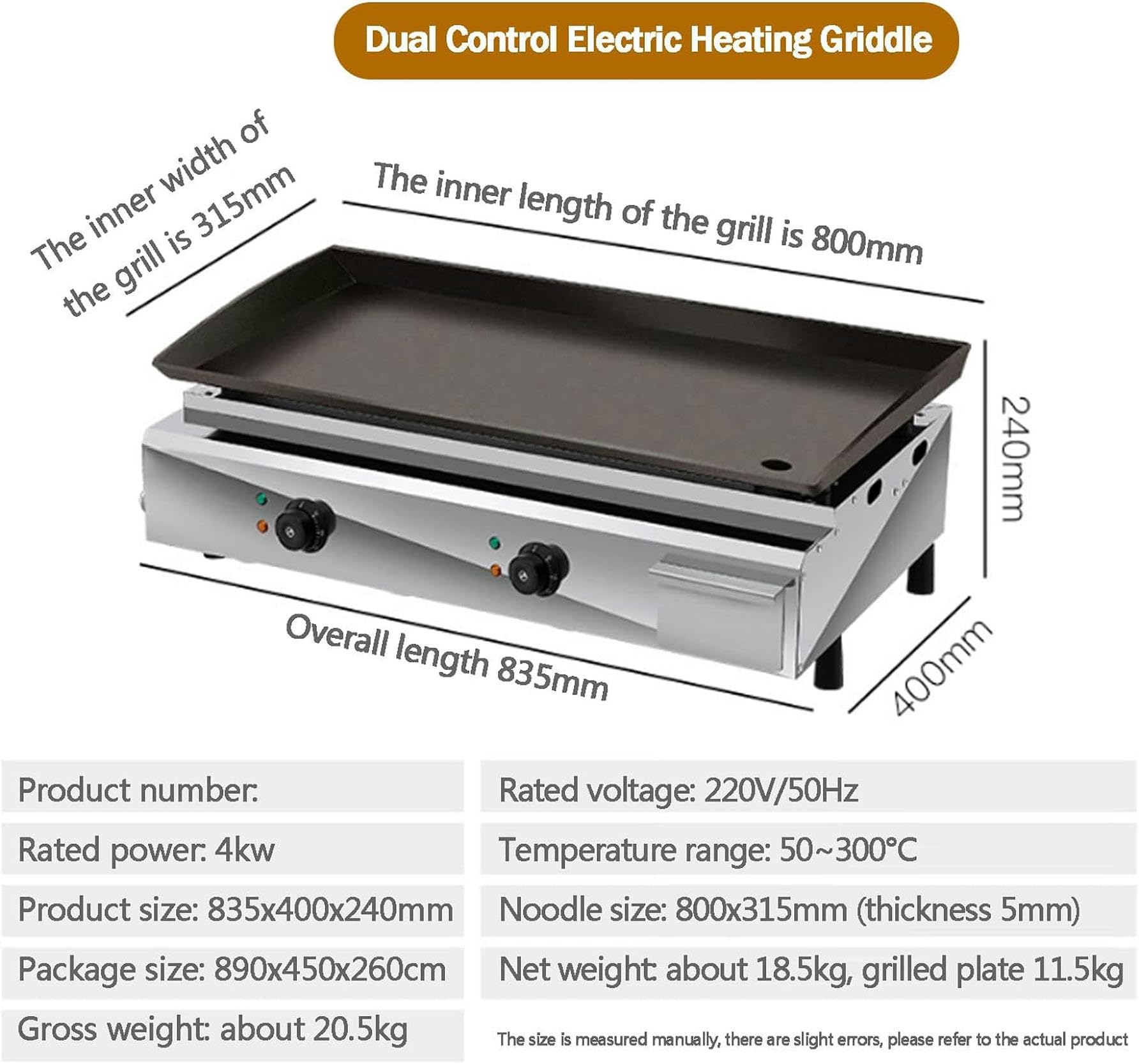 4000W Piastra Elettrica in Acciaio Inox Antipasto Professionale Piastra di Cottura Elettrica con Vassoio Antispruzzo 800x315 mm da 50-300℃, Piastra per Raccolta del Grasso per Casa L'esterno-1pc