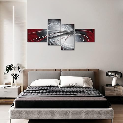 Miniatura 4 de Wayrain Arte abstracto de pared burdeos, lienzo gris y rojo, 4 piezas, pintura de pared, contemporánea, moderna, imagen para sala de estar,