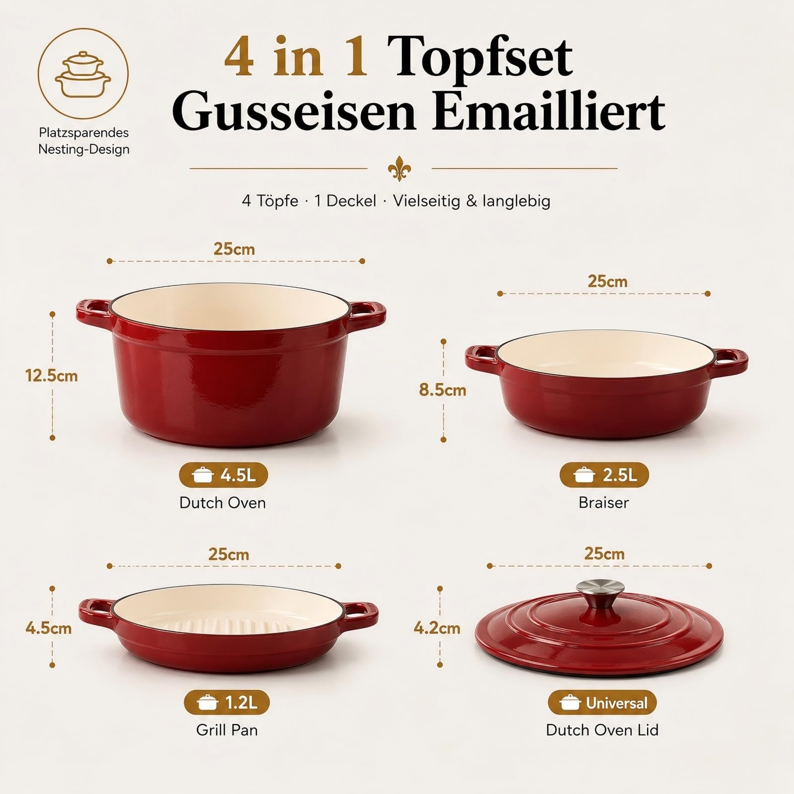 AHJ Topfset Gusseisen Emailliert, 4-teiliges stapelbares Schmortopf Set mit 4,5L Brotbacktopf/Dutch Oven, 2,5L Bräter, 1,2L Grillpfanne und Deckel, antihaftend, backofengeeignet bis 260°C, Rot | Inklusive Brottopf 4,5 L, Bräter 2,5 L, Grillpfanne 1,2 L un