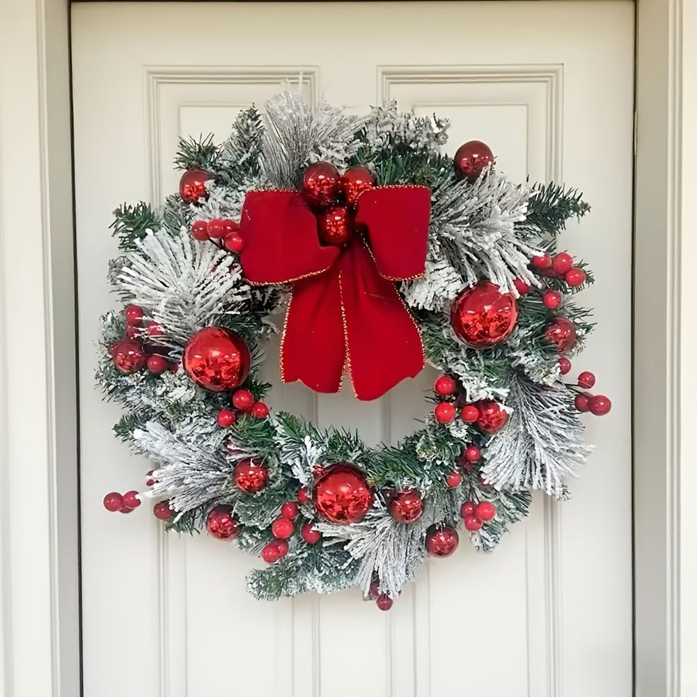 Corona de Navidad artificial de 16 pulgadas, guirnalda colgante resistente al fuego con 20 luces LED alimentadas por batería para decoración de puerta y pared (rojo blanco)