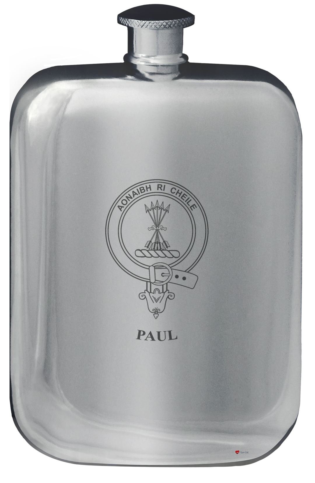 Flacon de poche Paul en étain poli 6 oz, le cadeau idéal avec motif de crête de la famille