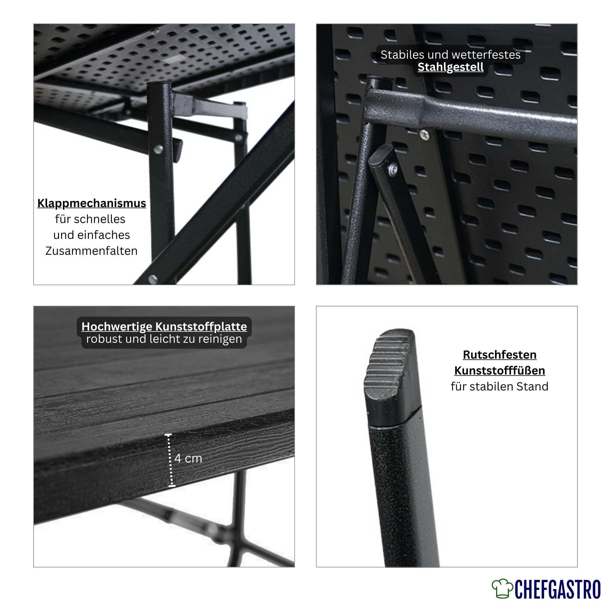 CHEFGASTRO Balkontisch klappbar 78x78cm Gartentisch wetterfest 4 Personen Kunststoff Holz Optik Schwarz Campingtisch Outdoor Klapptisch Klein Balkonmöbel Bistrotisch für Garten Terrasse Balkon
