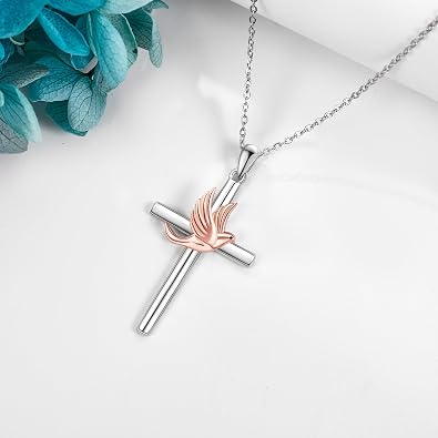 MONGAS Dove Cross Necklace for Women Sterling Silver Baptism Gifts Confirmation Christian Jewelry Gifts for Women