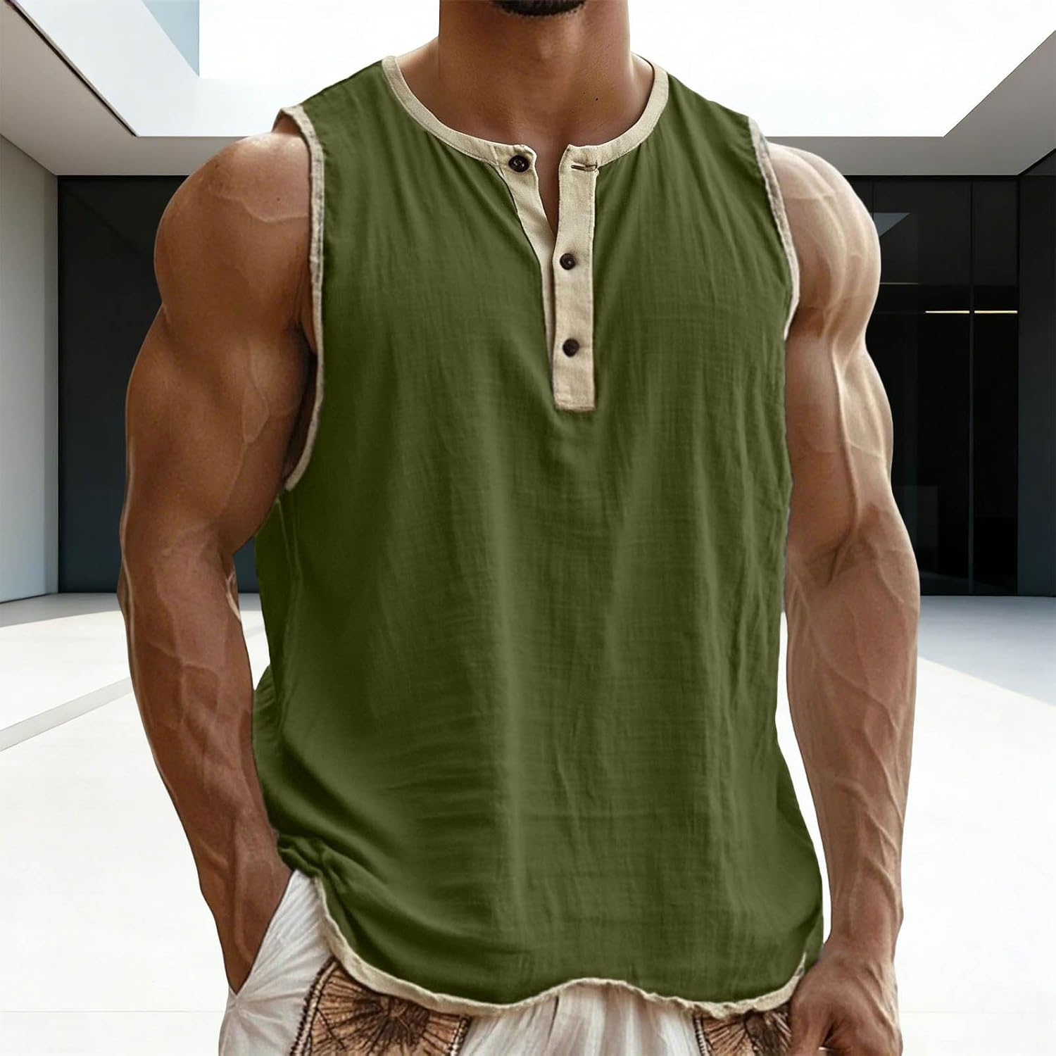 Men's Cotton Linen Tank Tops Casual Sleeveless Henley Shirt Breathable Lightweight Workout Gym Fitness Tee Shirts