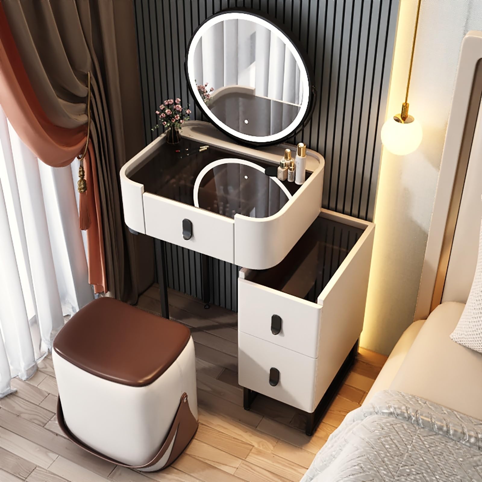 CGCSYZ White Vanity Desk with Mirror and Drawers Wooden Makeup Desk for Bedroom with Adjustable Brightness Mirror Vanity Table for Girls and Women Dressing Room Furniture(White B-50cm/19.7in)