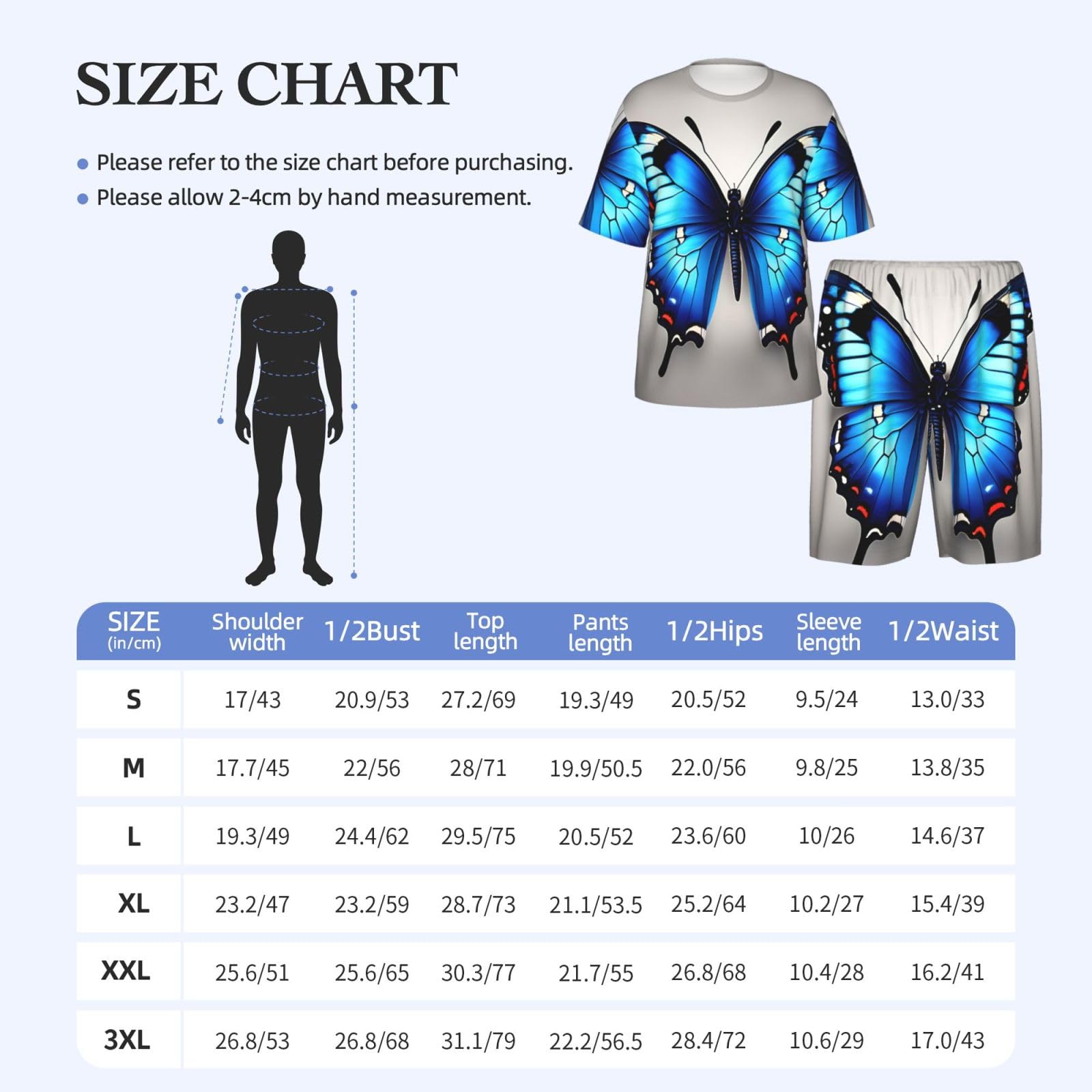 Conjunto de pijama clásico con estampado de mariposa azul para hombre, pantalones cortos de pijama suaves para hombre, perfecto para las noches de verano