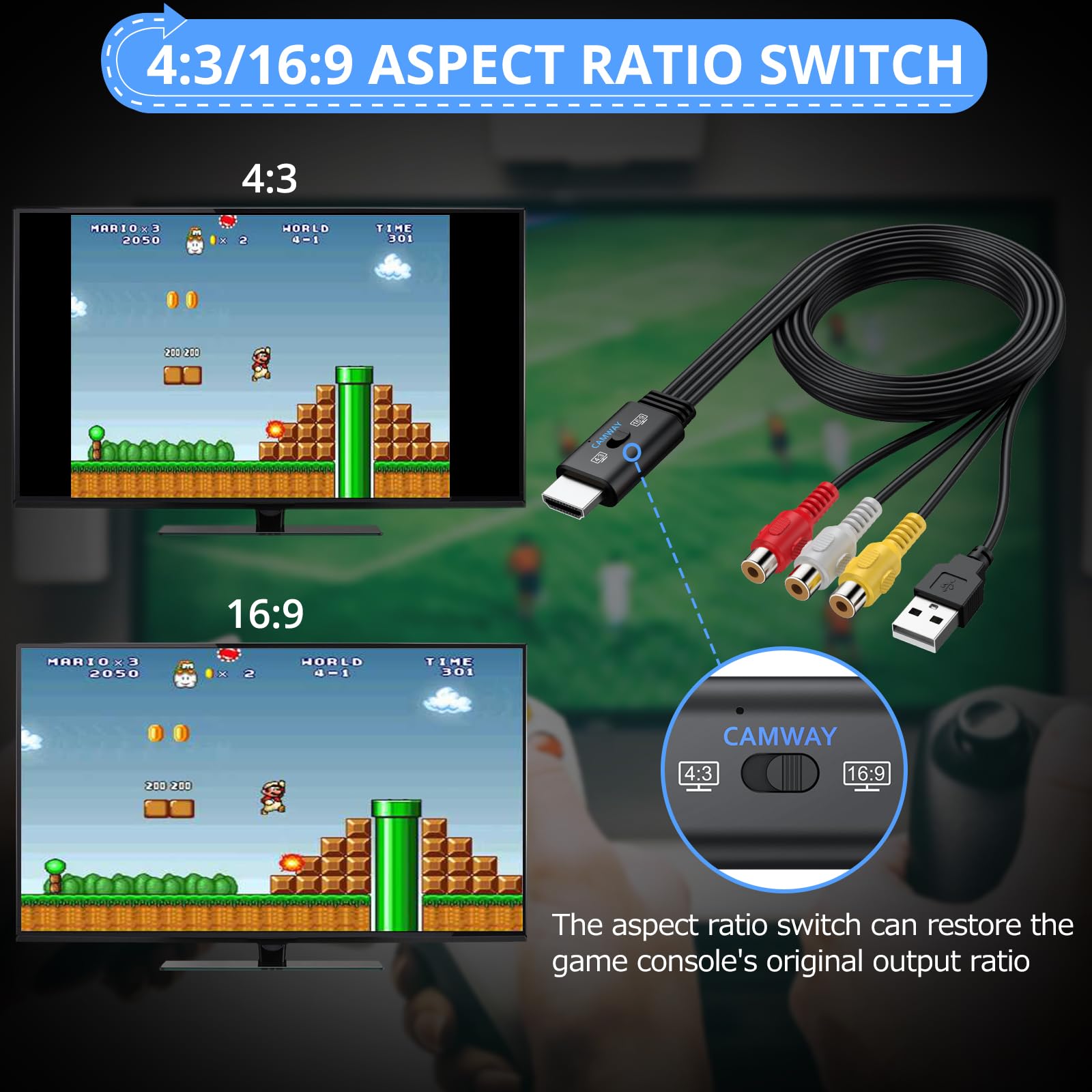 CAMWAY Konwerter RCA na HDMI, adapter audio wideo 1080P AV z przełącznikiem proporcji 4:3/16:9, kompozytowy CVBS RCA żeński na HDMI męski kabel do gier retro, PS2, N64, Wii, magnetowidu, VHS, DVD, 60