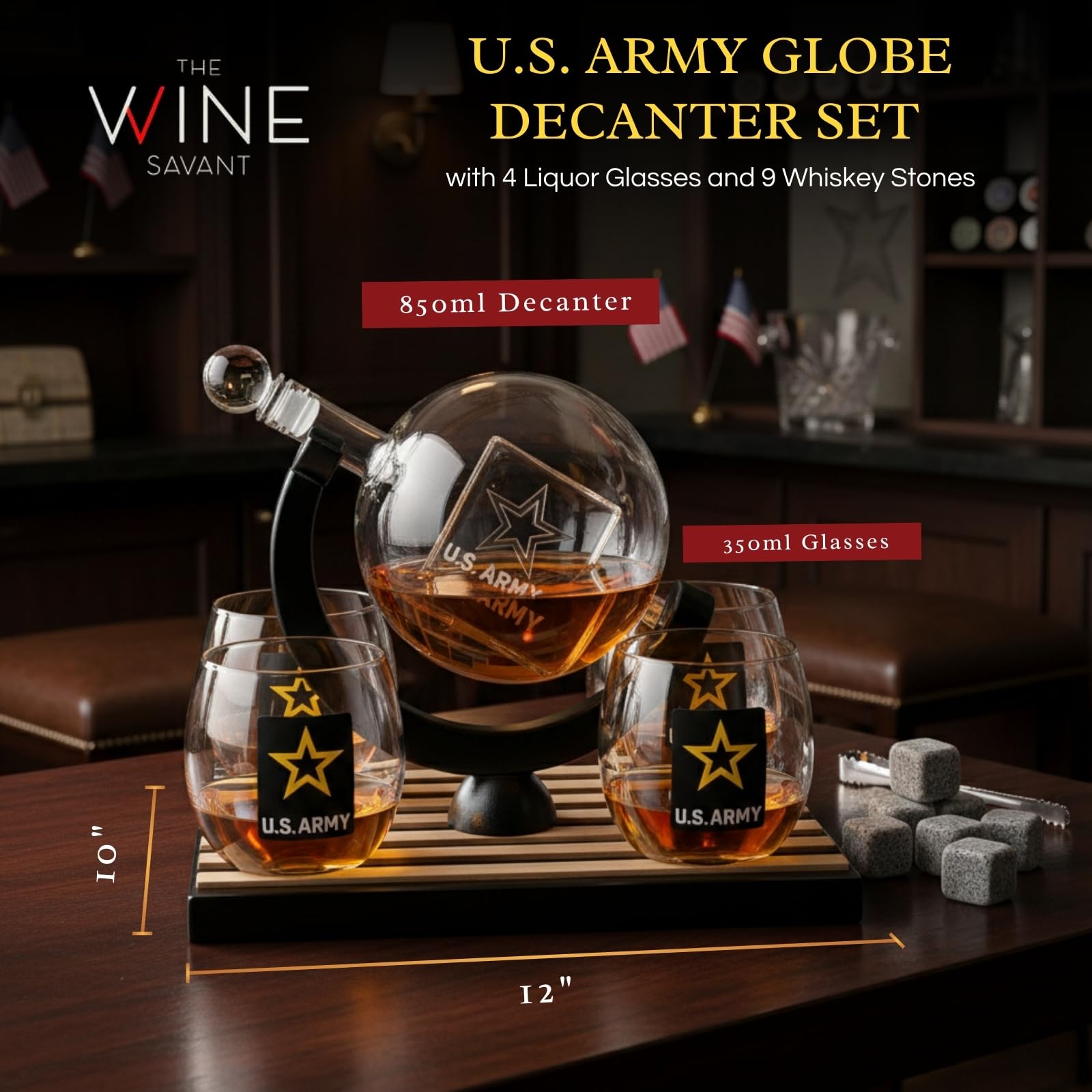 Zestaw karafek do whisky US Army Globe z 4 szklankami na alkohol - drewniana podstawa flagi i 9 kamieni do whisky, zestaw upominkowy dla weterana sił zbrojnych - prezenty dla mężczyzn, na Dzień Ojca