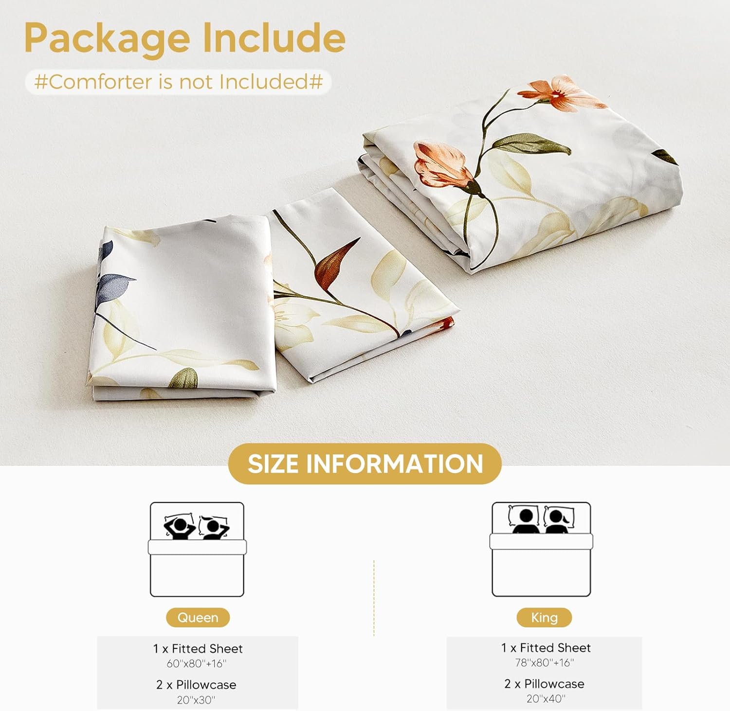 Tokokimo King Size Fitted Sheet Set, 16' Deep Pocket Floral Fitted Sheet with 2 Pillowcases, Ultra Soft & Breathable Microfiber Vintage Floral Print Bedding Set (Not Including Flat Sheet)