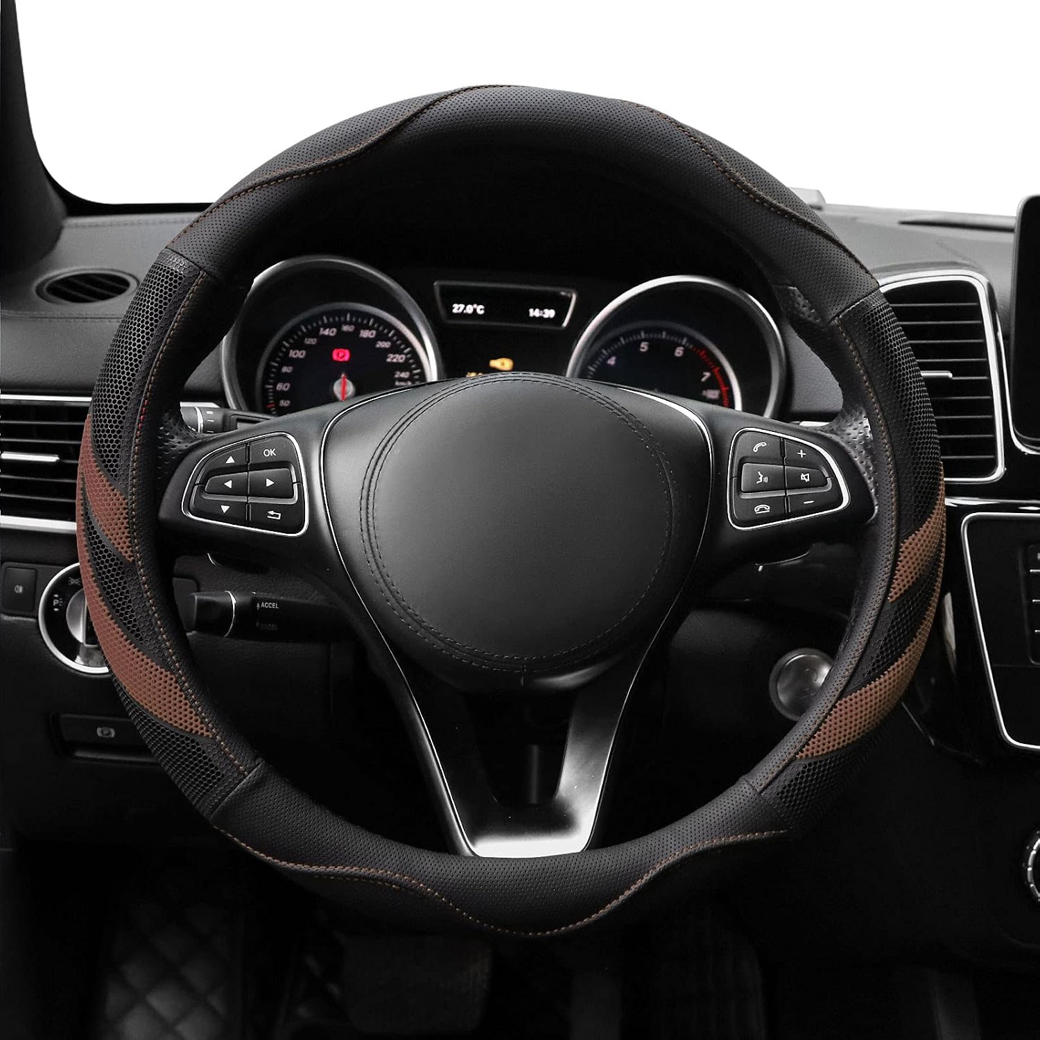 Steering Wheel Covers, SZUAH 15 Inch Universal Microfiber Leather Anti-Slip Steering Wheel Protector, Heat Resistant, Breathable & Odorless for Auto Car Accessories, Brown