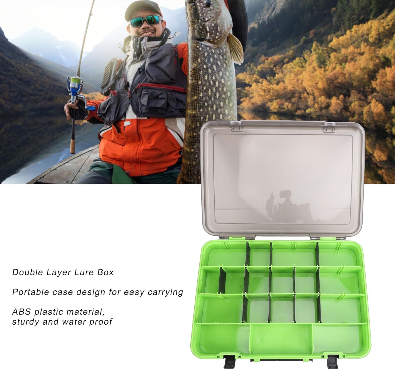 Fishing Tackle Box, Double Layer Storage Case with Handle Large Capacity 14.96 Inch Fishing Organizer for Reels Lures Pliers