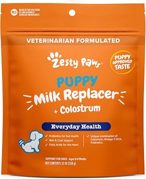 Zesty Paws Puppy Milk Replacer + Colostrum - Milk Replacement Supplement Powder for Puppies & Senior Dogs - Omega 3 DHA, Prebiotics & Probiotics for Dogs - for Skin, Coat, Heart & Gut Health - 12 oz...