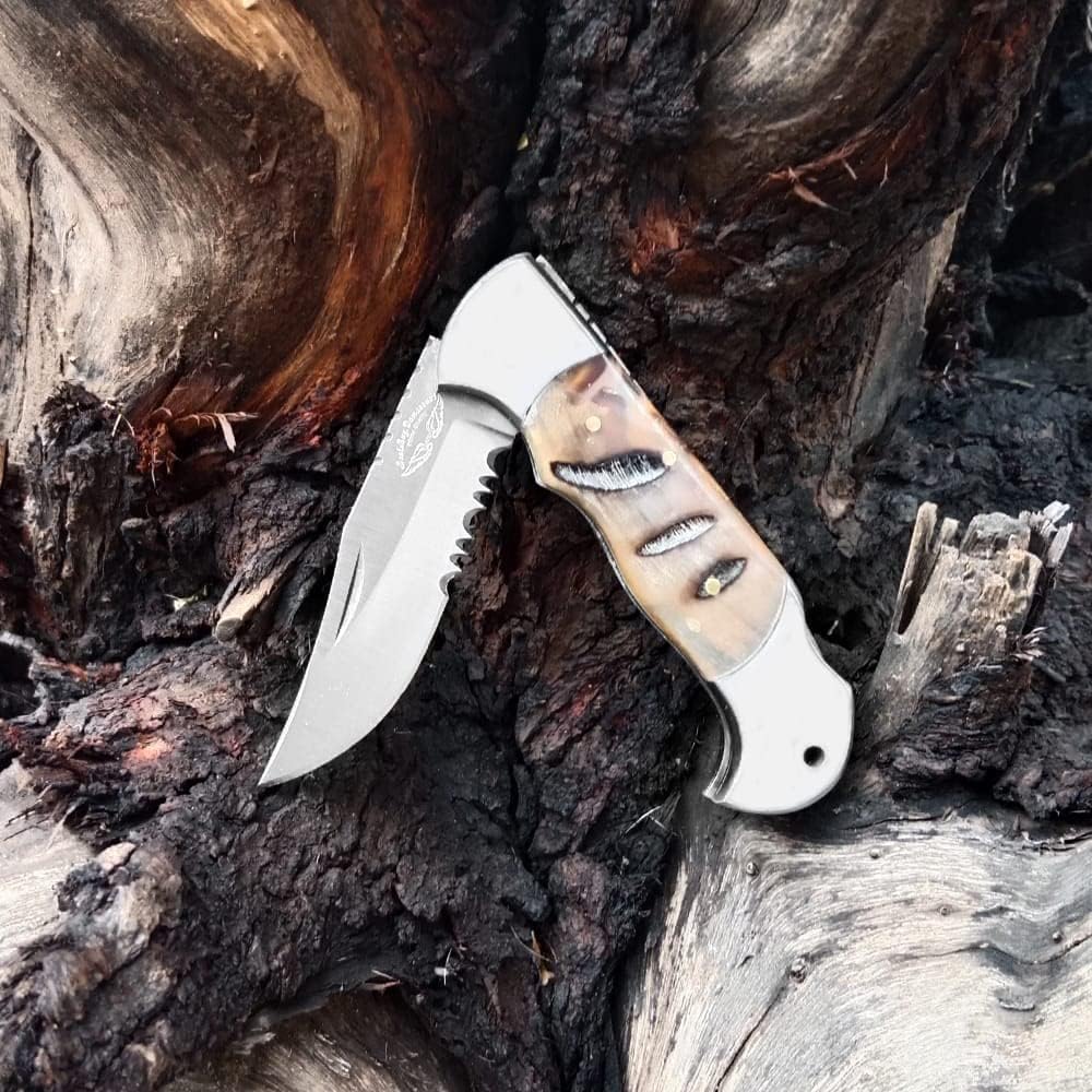 Best.Buy.Damascus1 Real Black Ram Horn 7.5" 420c Stainless Steel, Folding Knife blade Folding Pocket knife, Back Lock Hunting Fishing Camping folding Knifes