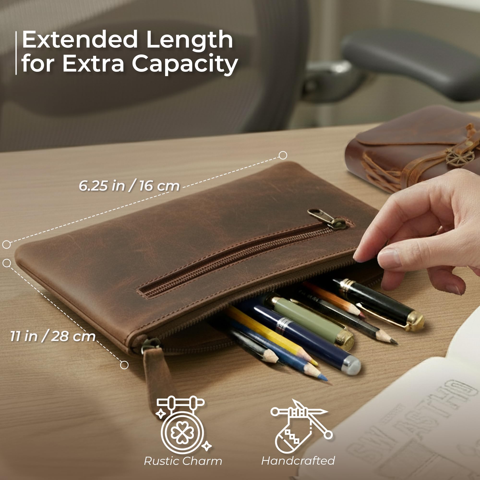 WANDERINGS Vintage Leather Pencil Pouch Case - Large 11"x6.25" / 2816 cm - Hand Crafted Functional Brown Leather Zipper Pouch - Slim Pencil Case Holder for Men and Women - Image 3
