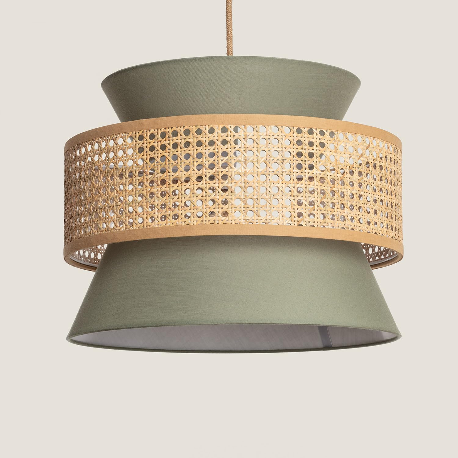 LEDKIA Lámpara Colgante Ratán y Tela Chulu Verde Caqui | Diseño Contemporáneo | Iluminación Interiores | Fácil Instalación | IP20; Verde Caqui