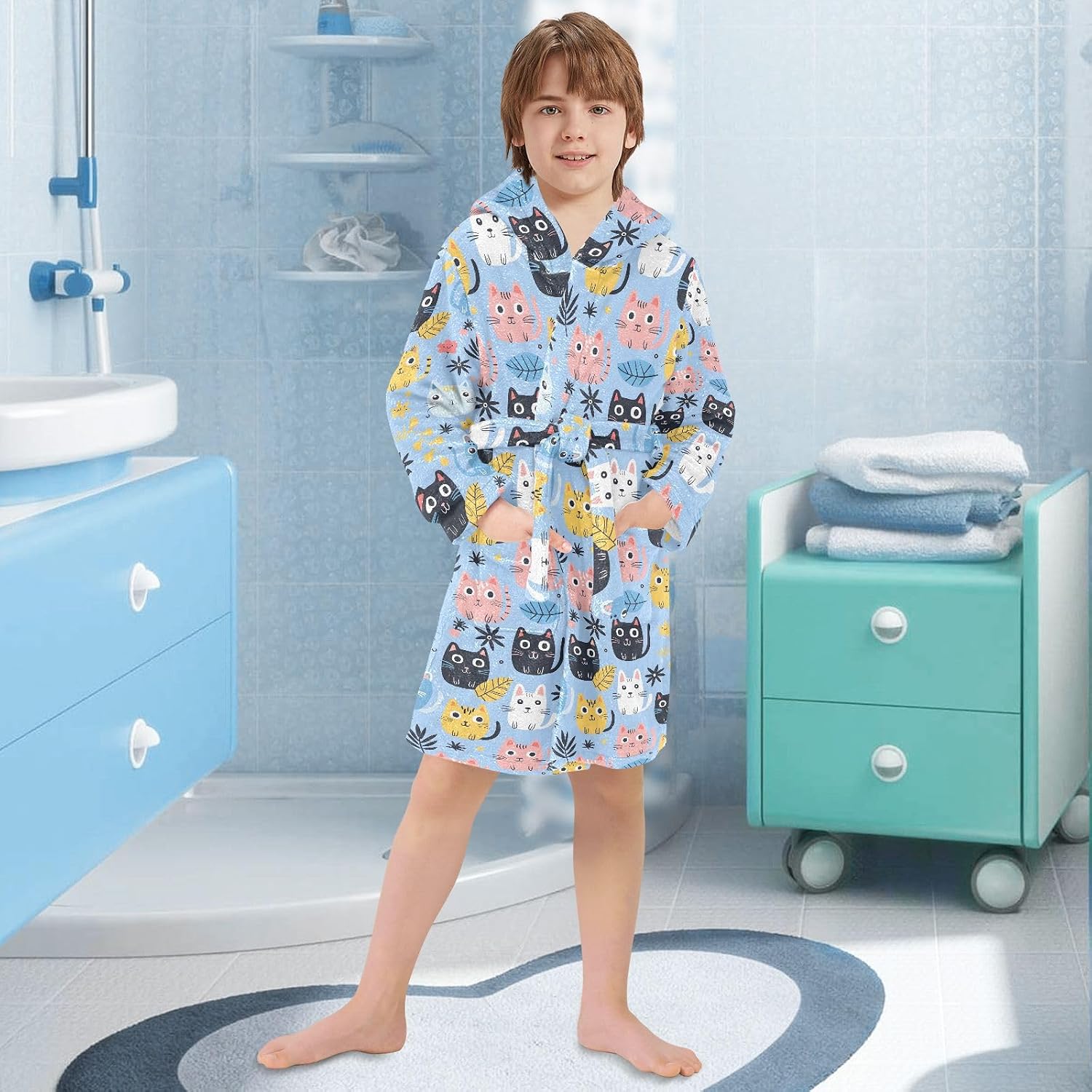senya Cute Cat Z Toddler Hooded Bathrobe Kids Soft Plush Bath Towel Robes for Boys Girls 2-12 Years