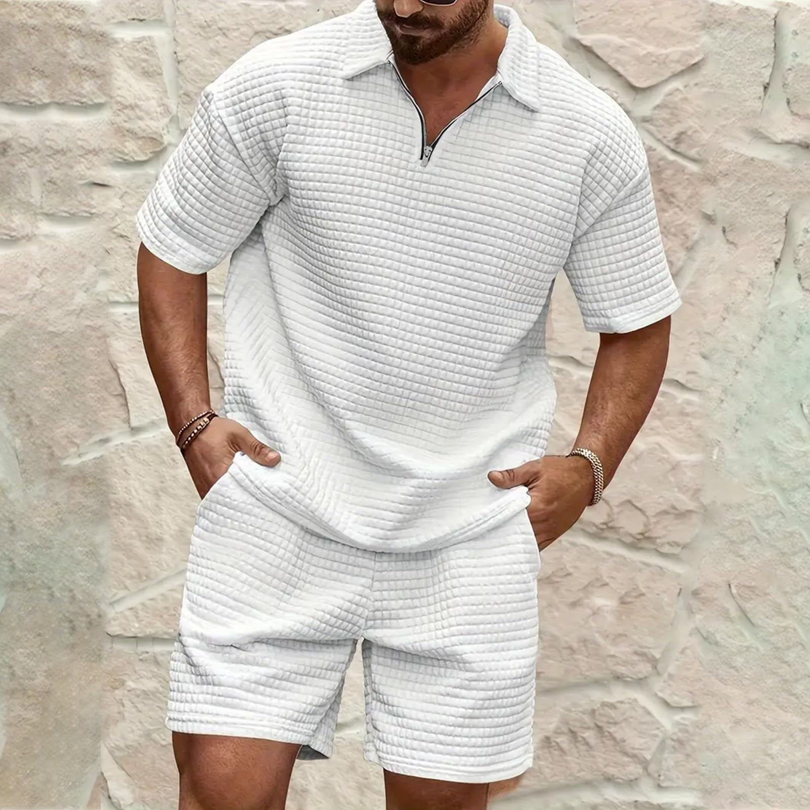 Generisch Breeze Poloshirt Sets Herren Jogginganzug Zweiteiler Sommer,Wearbreeze Leinen T Shirt Jogging Anzug Set, Bequem 2 Teiler Tracksuit Tennis Sport Anzug Urlaub Outfit Slim Fit