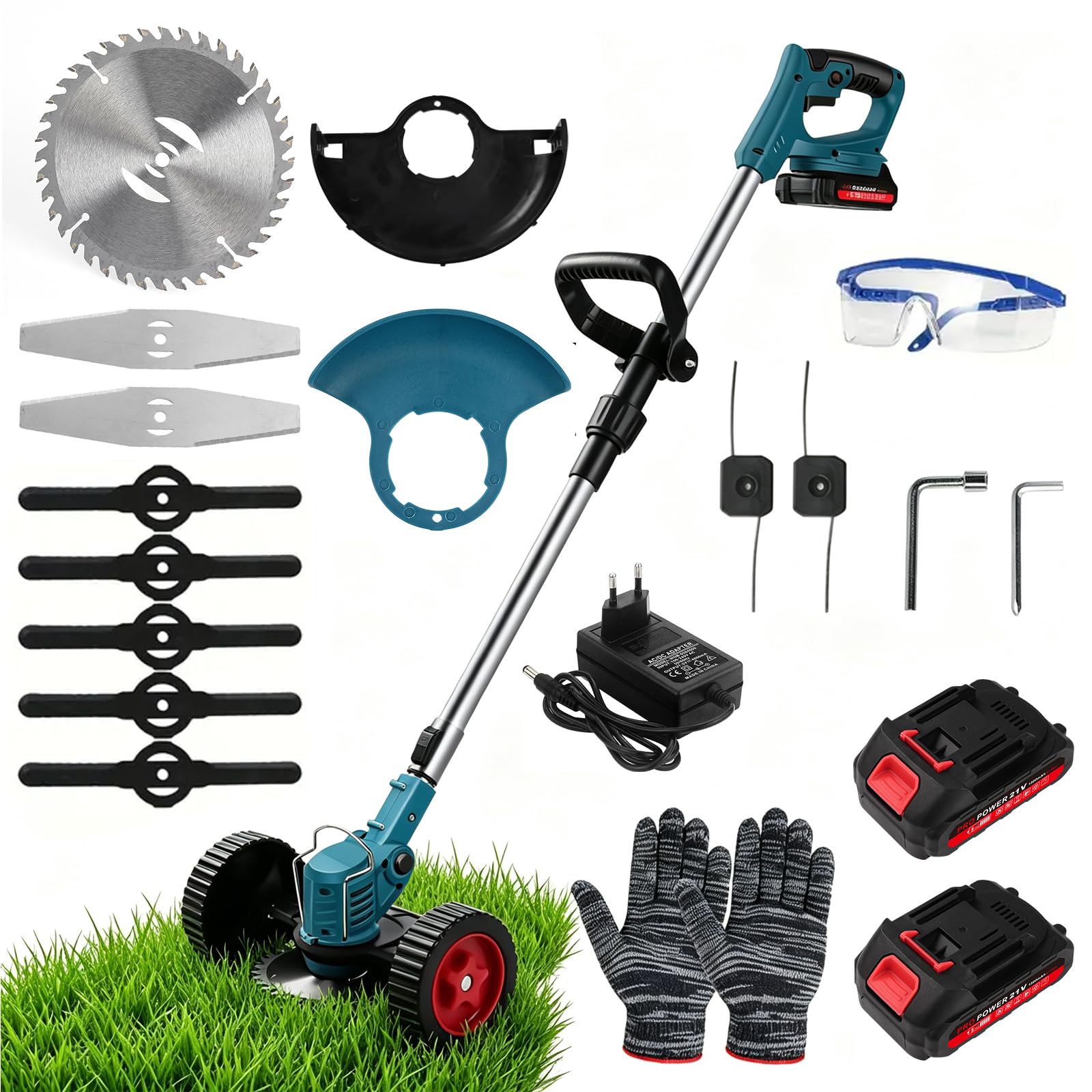 Desbrozadora con batería con 2 baterías y cargador, 3 tipos de cuchillas, desbrozadora ajustable, cabezal giratorio de 90°, cortadora de batería para jardines, patios, césped, azul