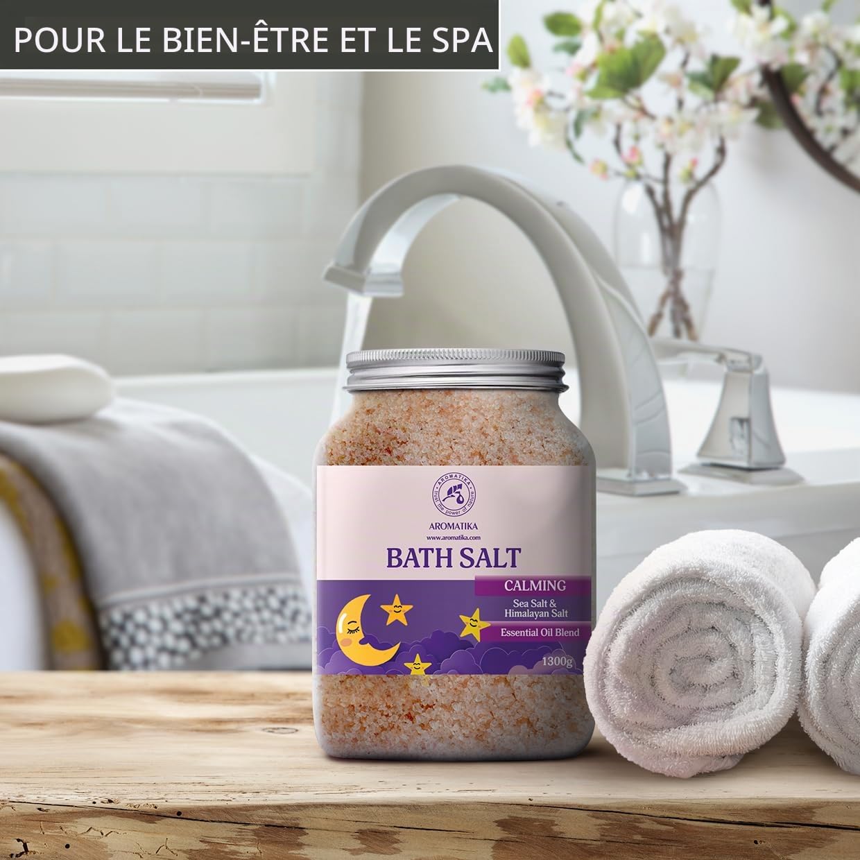 Sel de Bain Calmants 1300g - Huiles Essentielles de Bois de Lavande & Bergamote & Santal - Pur & Naturel - Bon Sommeil - Détente - Soulagement du Stress - Bain - Beauté - Relaxant