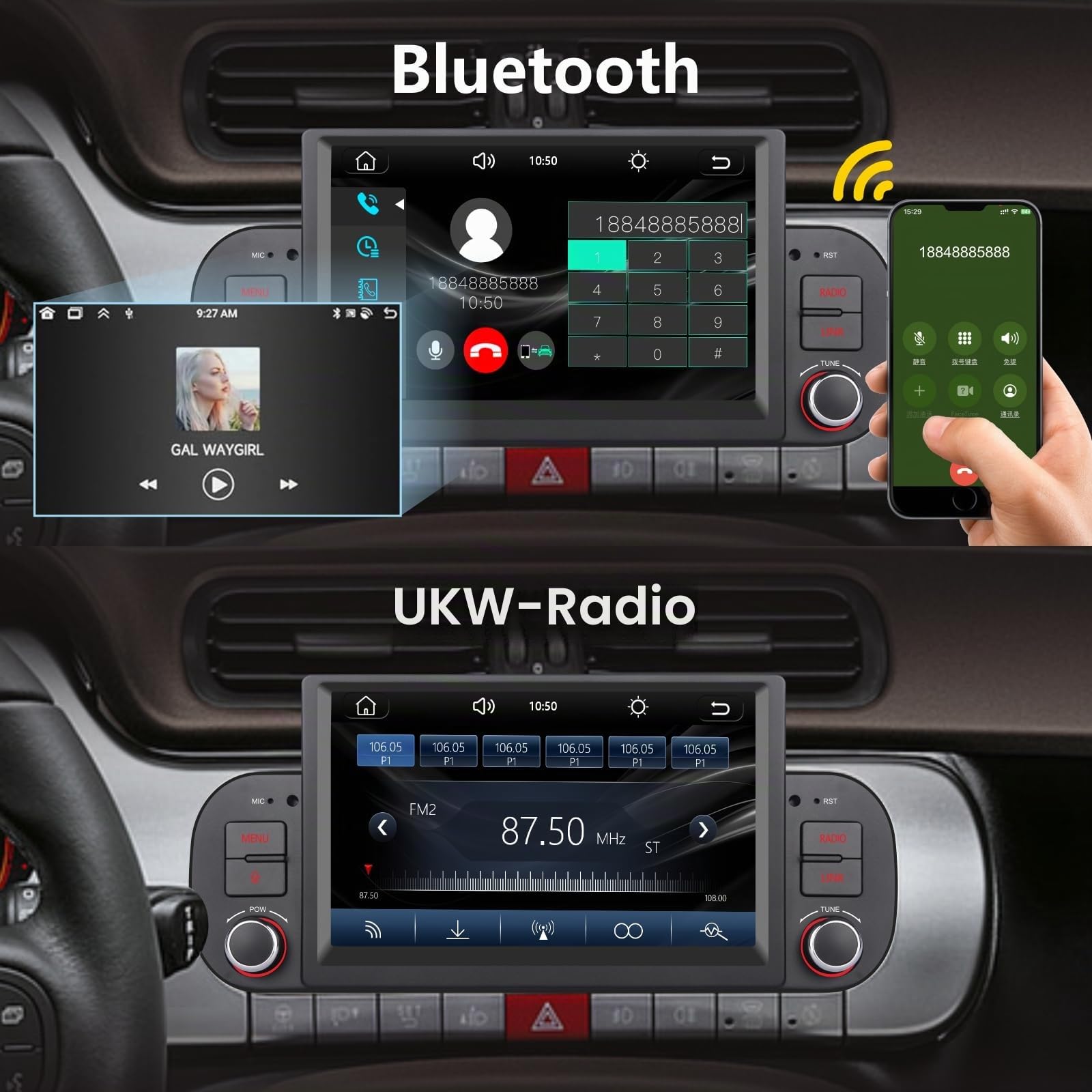 Double Din Autoradio für FIAT Panda 2013-2020 Apple kabellosem Carplay und Android Auto Sprachsteuerung mit 7 Zoll IPS/GPS Navi/Bluetooth/FM/AM/USB/EQ/Touch Display