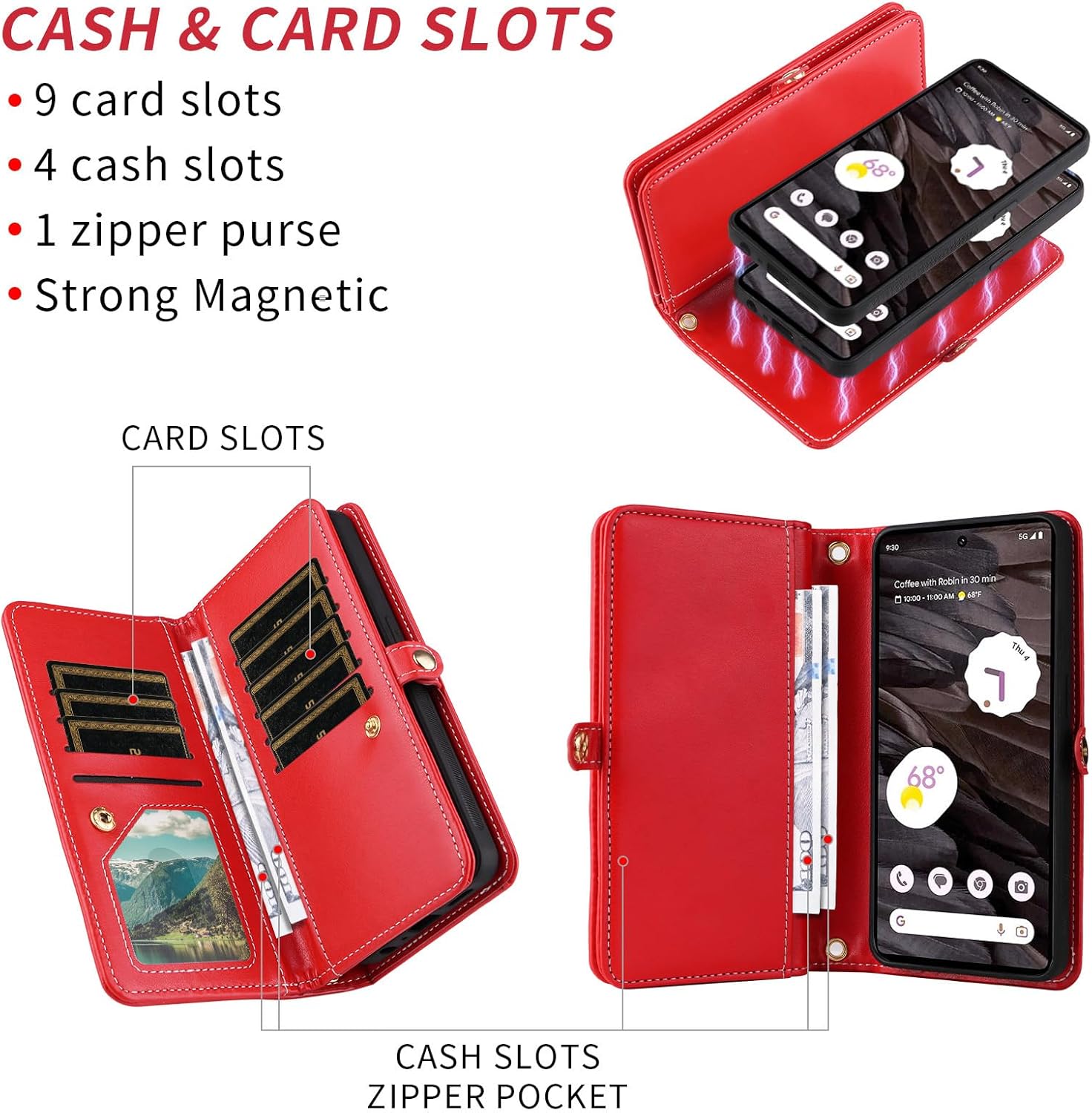 Asuwish Phone Case for Google Pixel 7A 5G 2023 Zipper Wallet Detachable Cell Cover with Tempered Glass Screen Protector Crossbody Lanyard Strap Bling Glitter Flip Card Holder Pixel7A A7 Women Men Red