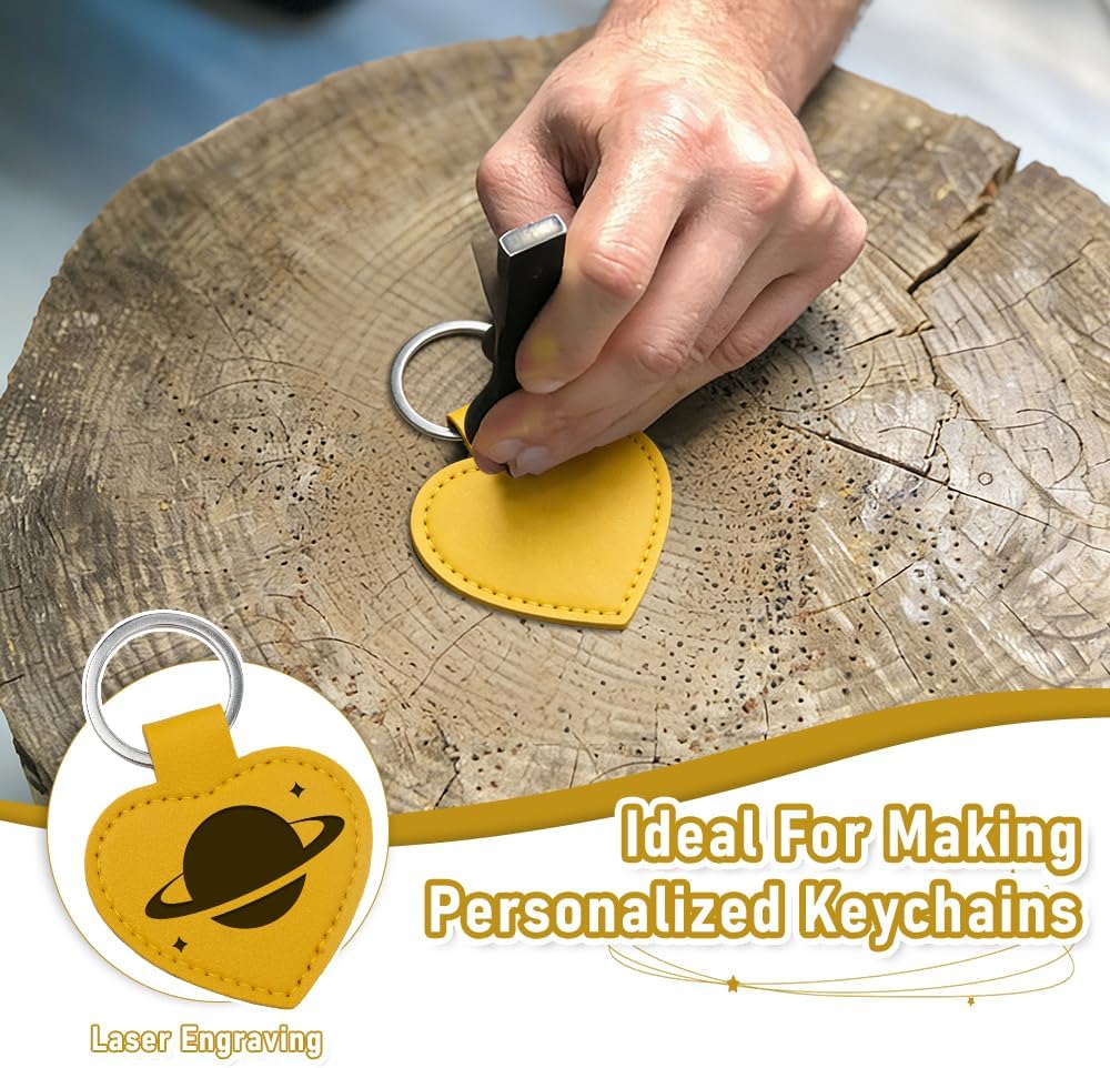 DQITJ 8 Pcs PU Leather Keychain Blanks Bulk Heart-shaped Laser Engraving Keychain Leather Fob Kit with Key Rings for DIY Craft ID Key Cards Craft Present Making (Yellow) - Image 3