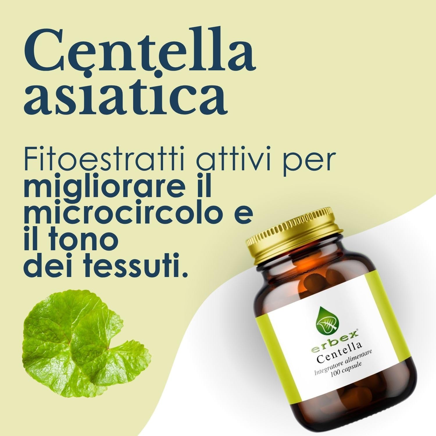 ERBEX - Centella Asiatica 100 Capsule – Doppia Formula Totum + Estratto Titolato | Microcircolo, Gambe Pesanti, Ritenzione Idrica e Cellulite | Integratore Drenante Naturale