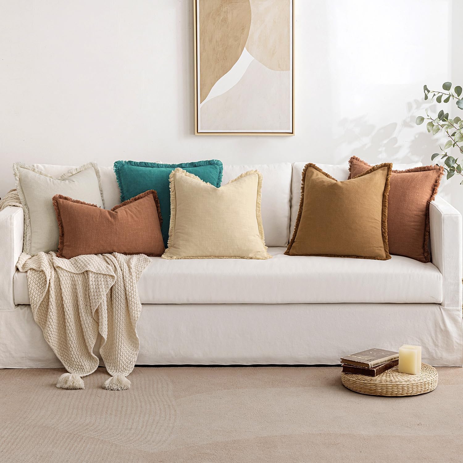 MIULEE Decorative Throw Pillow Covers Neutral Linen Fringe Throw Pillows Set of 2 Teal Boho Farmhouse Cushion Covers with Tassels for Couch Sofa Bed Living Room Spring Home Decor 18x18 Inch thumbnail