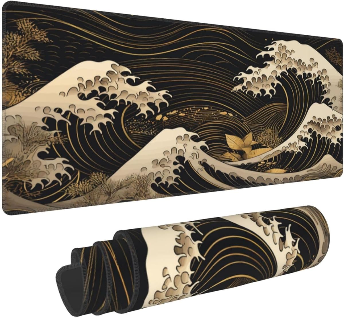 Gold Black Japanese Wave Gaming Mouse Pad XL, Mat 31.5x11.8 | Portable large desk pad fits gaming setup, home study and workstation; great decorative desk accessory