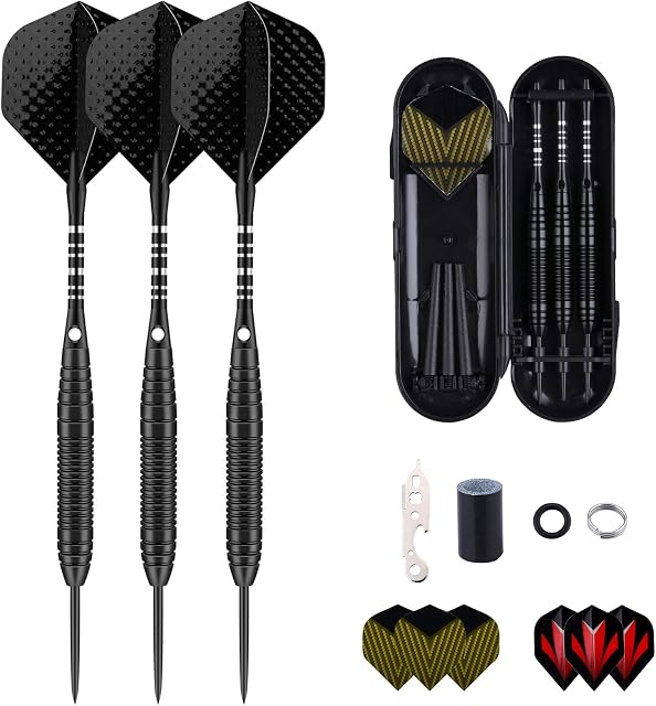 sanfeng Professional 3 Pack 22g, 23g, 24g, 27g Steel Tip Darts Set With Darts Stems Flights + 50pcs Rubber O-Rings + 12pcs Spring Rings + 1pcs Dart Sharpener Tool for Dart Board