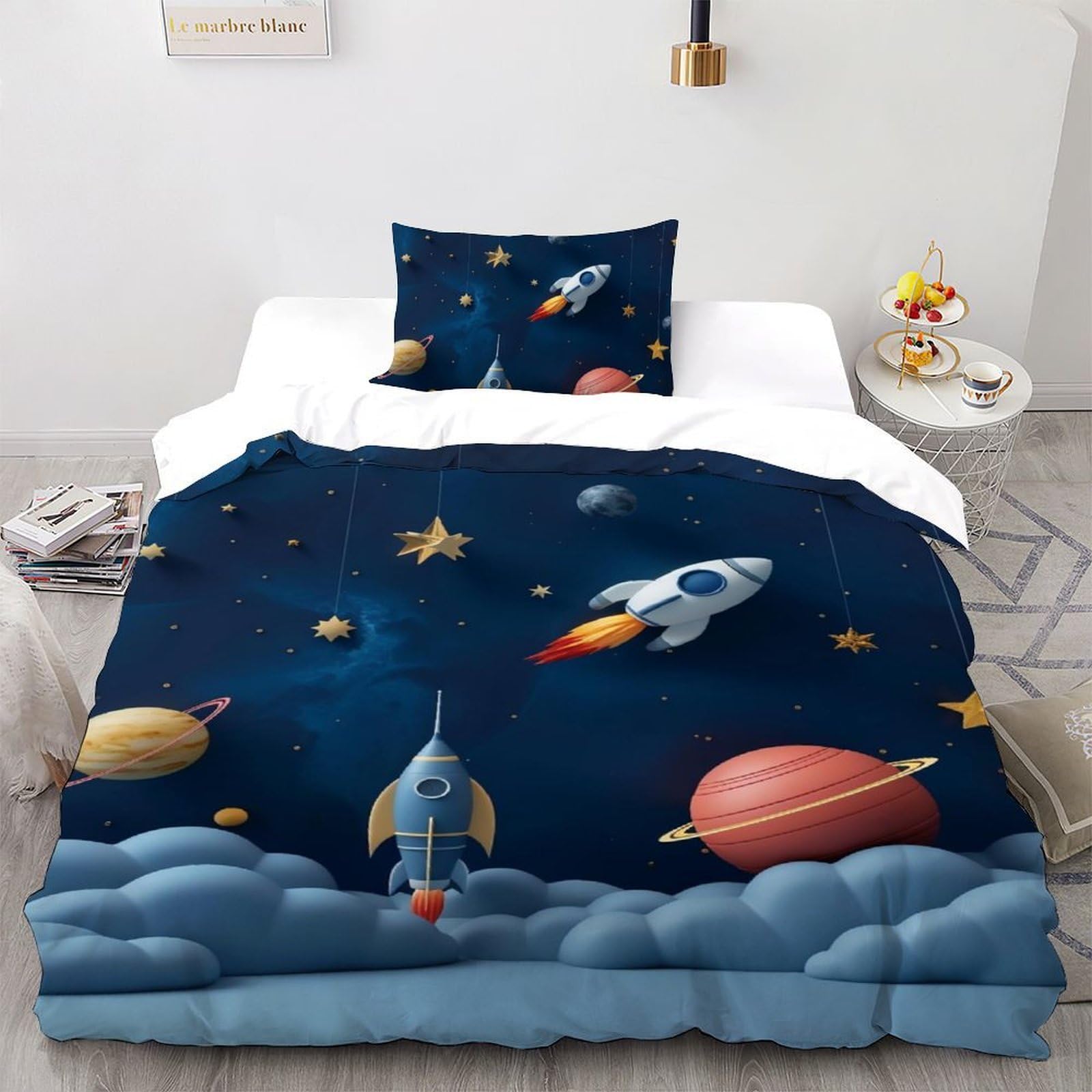 Housse de couette enfant 135x200 cm Rocket Planet avec une taie d'oreiller lit simple
