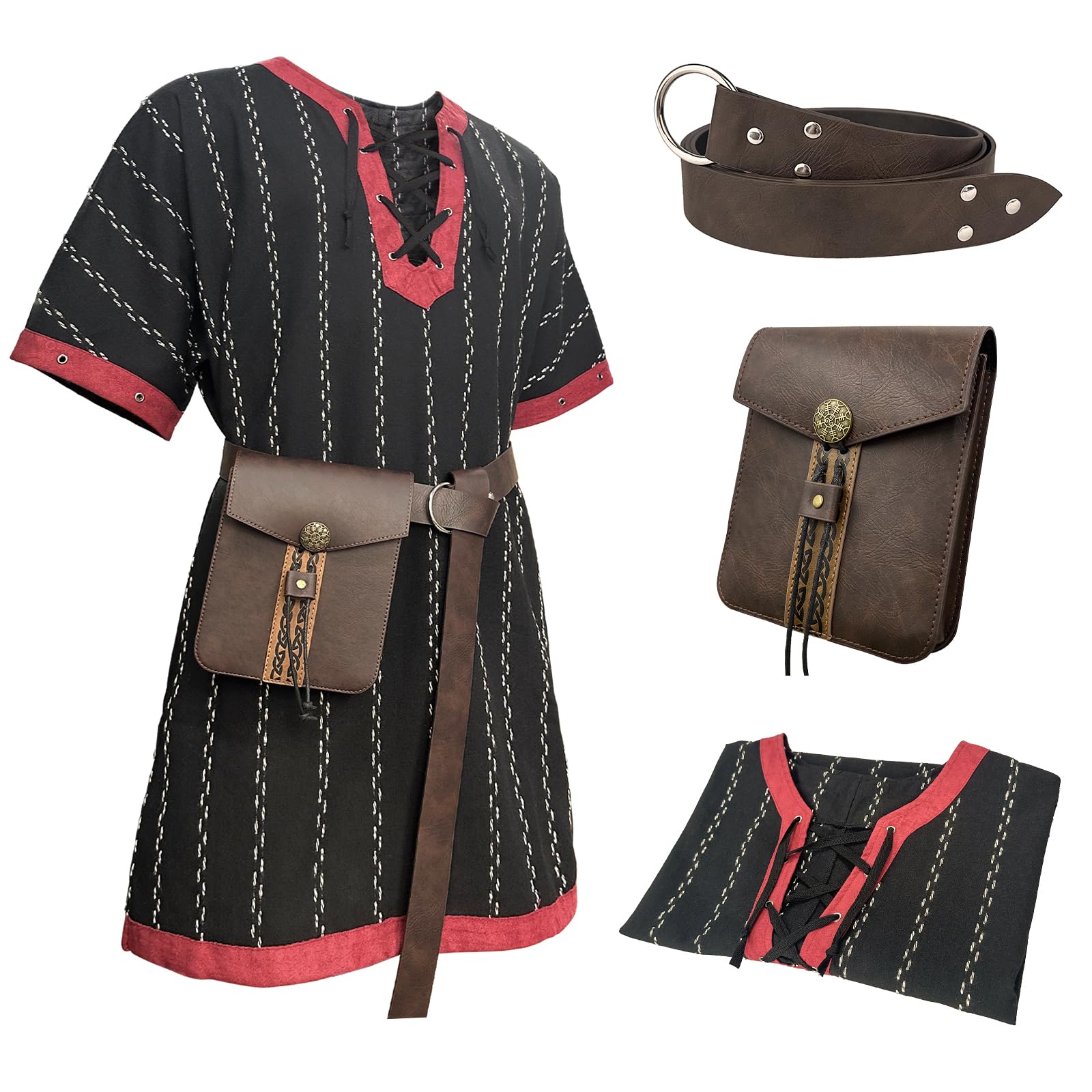 HiiFeuer Medieval Stripe Loose Tunic top, with Vintage Belt and Bag, Renaissance Knight Lace Up Shirt, Viking Pirate Costume (Black M)