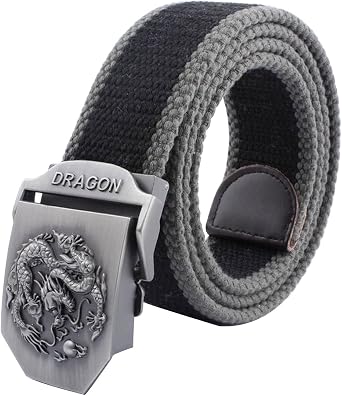 Mens Adjustable Canvas Web Belt Dragon Buckle Military Style 1.5" Wide