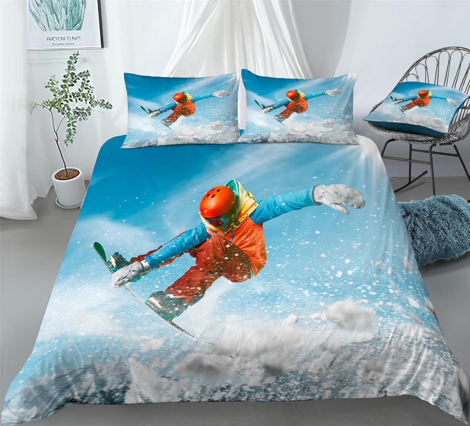 Poszwa na kołdrę 280x260 Snowboard Zestaw pościeli 2-osobowej Zimowe sporty ekstremalne drukowane 3D mikrofibra Pościel 3-częściowy zestaw z poszewką na kołdrę i 2 poszewkami na poduszki E-6236